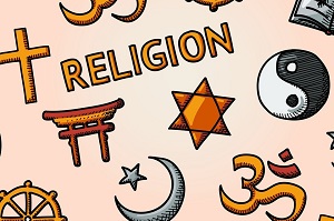 Bild mit dem Begriff "Religion" und religiösen Symbolen der Weltreligionen, wie dem Davidsstern, dem christlichen Kreuz oder dem muslimischen Halbmond