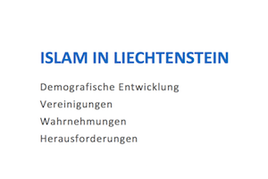 Titelseite der Studie Islam in Liechtenstein, blaue Schrift auf weißem Hintergrund